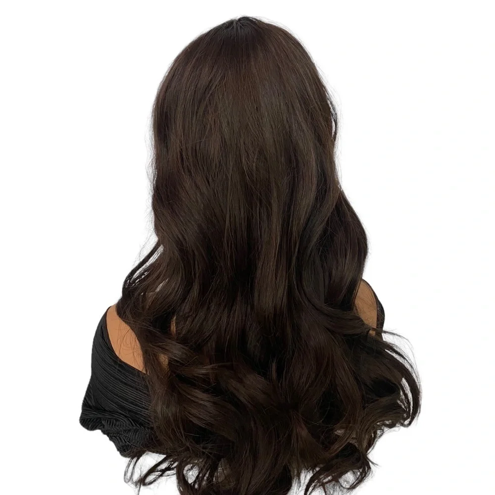 Vegan Wavy Chocolate Brown wig with bangs 25”